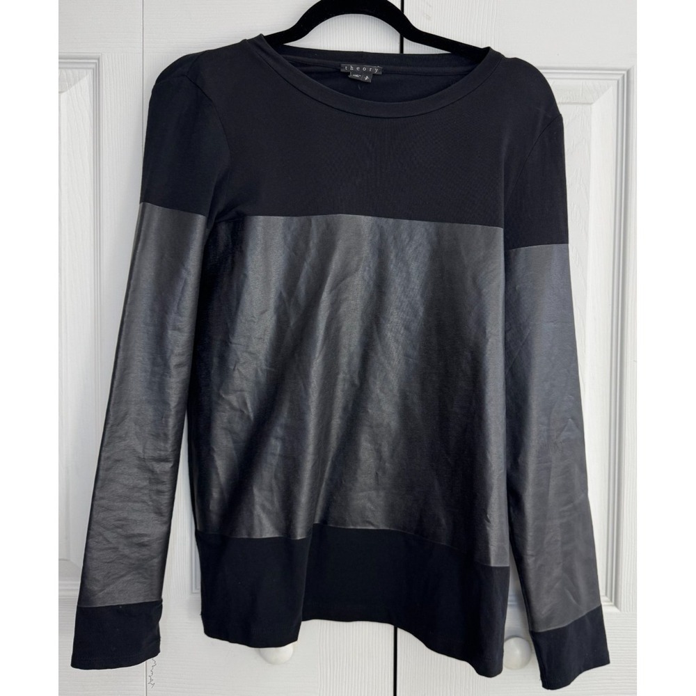 Theory Henroa Encase Top Women's Small Black Faux Leather Crew Neck‎ Long Sleeve